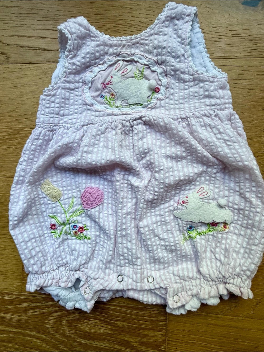 Vintage Cotton Kids 9M Pink Seersucker Bunny Romper Easter Applique Bubble 90s